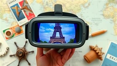 A VR headset displaying a user exploring a virtual tour of the Eiffel Tower in Paris, surrounded by travel guides, maps, and cultural artifacts, evoking the sense of wanderlust and exploration offered by VR Wanderlust's immersive travel experiences.