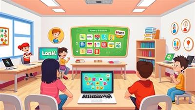 An imaginative and colorful virtual classroom setting with cartoon characters, interactive language learning games, and enthusiastic young learners engaging with the platform, highlighting the fun and educational aspects of LingoKids Club.