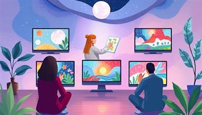 An artistic representation of a virtual art therapy workshop with participants creating expressive artworks on their screens, surrounded by calming colors and nature elements, evoking a sense of peace and emotional healing in a digital space.