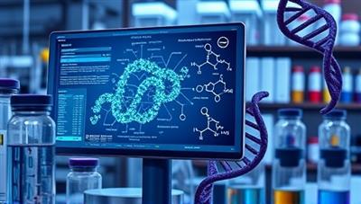An advanced AI algorithm analyzing molecular structures and drug interactions on a digital interface, surrounded by laboratory equipment and DNA helices, symbolizing the innovation and efficiency of AIpharma Discover's drug discovery platform in revolutionizing pharmaceutical research.