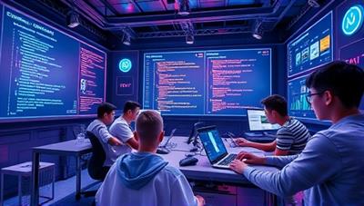 A futuristic and tech-inspired virtual coding lab setting with teenagers immersed in coding projects, interactive screens displaying lines of code, and digital gadgets, reflecting the dynamic and innovative learning environment offered by CodeCraft Teens' coding bootcamps.