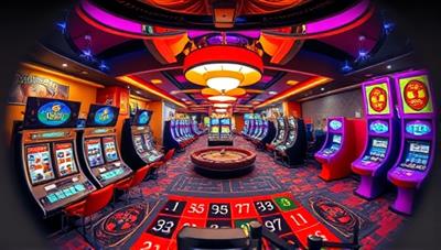 An immersive VR headset view of a virtual casino floor bustling with activity, featuring colorful slot machines, a bustling poker table, and a roulette wheel spinning, creating a futuristic and exciting gambling atmosphere.