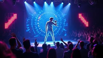 An immersive visual of a holographic music artist performing on a virtual stage, with the audience watching in awe as the hologram interacts with the crowd, creating a dynamic and engaging concert experience.