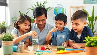 A family setting with children engaged in a DIY science experiment using recycled materials, colorful eco-friendly craft supplies, plants in the background, and a poster on environmental conservation, fostering a hands-on learning experience and environmental consciousness through EcoSciCrafts kits.