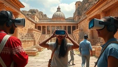 An immersive virtual reality tour scene with users exploring ancient ruins and historical landmarks through VR headsets, surrounded by digital reconstructions and historical artifacts, creating a captivating and educational journey through time and culture.