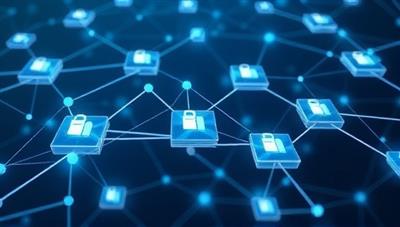 A digital network of interconnected blocks representing a transparent and secure supply chain, with product icons moving through the blockchain, indicating traceability and authenticity assurance in the supply chain process.
