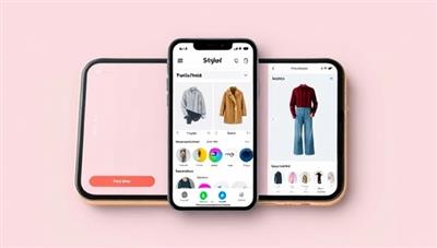 A smartphone screen displaying a sleek and intuitive app interface with outfit suggestions, color palettes, and clothing item recommendations, showcasing the personalized styling experience.