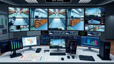 A virtual security control room setup displaying multiple live camera feeds from a warehouse facility, motion detection alerts, and access control panels, surrounded by digital security maps, incident reports, and surveillance analytics, illustrating a comprehensive virtual security monitoring system.