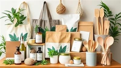 An eco-friendly product showcase featuring a variety of sustainable items such as reusable bags, organic skincare products, and biodegradable utensils, arranged in a visually appealing and environmentally conscious display, highlighting the diverse range of offerings available on the sustainable e-commerce marketplace for eco-friendly products.