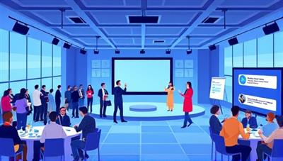 An engaging digital illustration featuring a virtual event setup with attendees networking in a virtual lobby, speakers presenting on stage, and interactive chat features, showcasing the dynamic and interactive nature of virtual events facilitated by EventVirtuoso.