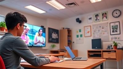 A vibrant virtual classroom setting with a student and tutor engaged in an interactive online lesson, showcasing a dynamic and effective learning environment.