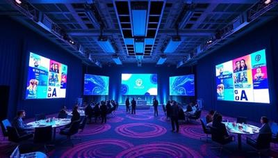 A dynamic virtual event setup featuring a digital conference hall with interactive screens, virtual networking lounges, and immersive 3D elements, illustrating the future of online event planning and engagement.