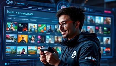 A captivating image of a gamer receiving personalized game recommendations on a digital screen, surrounded by a futuristic AI interface displaying various game options and genres, illustrating the seamless and tailored gaming experience provided by the platform.