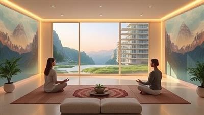 A serene and tranquil virtual meditation space with participants engaging in mindfulness practices, surrounded by calming nature visuals, soft lighting, and peaceful music, creating a harmonious and meditative atmosphere for individuals seeking inner peace and emotional well-being.