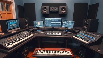 A digital music studio setup featuring professional audio equipment, MIDI controllers, and digital audio workstations, with creative music production software interfaces and virtual mentorship sessions, inviting users to explore the world of music creation and production.