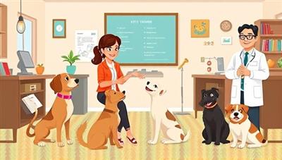 An animated virtual pet training session with a professional trainer guiding pet owners through obedience exercises, surrounded by happy pets demonstrating behaviors, training tools, and a virtual vet providing health tips, embodying the caring and educational nature of PetPals Virtual, set in a cozy and pet-friendly environment.