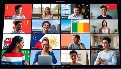 An immersive virtual language exchange session depicted with users from different countries engaging in conversations via video calls, exchanging cultural insights, and learning new phrases in a dynamic and multicultural digital environment.