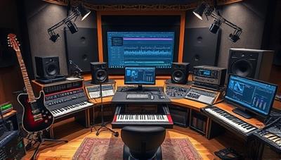 An artistic depiction of a virtual music production studio with digital audio workstations, musical instruments, and creative tools, symbolizing learning, collaboration, and innovation in music production education.