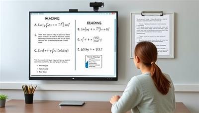 An online tutoring session featuring a student and tutor interacting through a virtual platform, with a digital whiteboard displaying math equations, reading passages, and study notes, creating a productive and interactive learning environment for academic success.