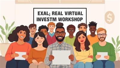 An illustration showing a diverse group of individuals attending a virtual real estate investment workshop together, symbolizing learning and community-building in the online education space.
