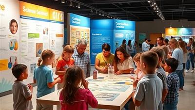 An image of children and adults gathered around a large interactive exhibit, enthusiastically participating in a science experiment, with colorful displays and educational materials surrounding them, evoking a sense of wonder and discovery.