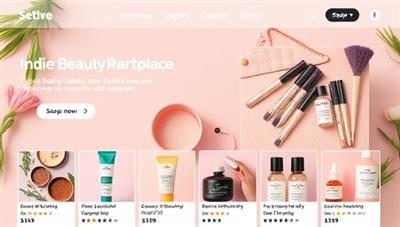 An online beauty marketplace homepage featuring a vibrant display of indie beauty brands, eco-friendly products, and cruelty-free certifications, with user reviews and ratings, creating a diverse and inclusive platform for conscious beauty consumers.