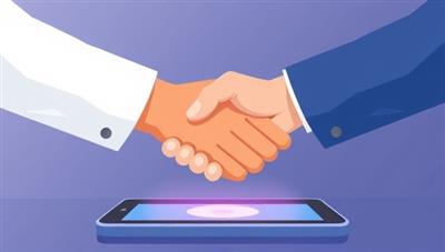 An illustration of two people shaking hands over a digital device screen, symbolizing a successful loan transaction and partnership within the peer-to-peer lending platform.