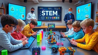 An imaginative scene showcasing kids immersed in a virtual STEM workshop, each child participating in a hands-on experiment or coding activity on their devices, surrounded by colorful robotics kits, test tubes, and digital screens displaying scientific concepts, creating an engaging and educational atmosphere for young learners.
