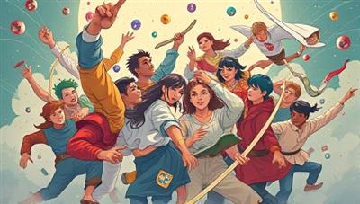 A dynamic visual of multiple users collaborating on a digital platform, each contributing to a shared story universe with diverse characters, settings, and plot twists, showcasing the essence of community-driven storytelling and creativity.