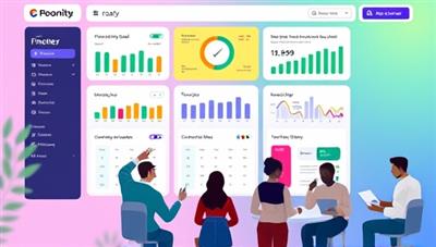 A vibrant and modern digital platform interface showcasing various financial goal tracking tools, interactive coaching sessions, and a diverse group of clients engaging with the platform, symbolizing financial empowerment and growth.