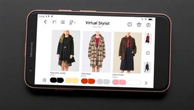 A sleek virtual stylist interface showcasing outfit suggestions on a smartphone screen, with fashion images and color palettes in the background, conveying a sense of personalized style and modern technology.
