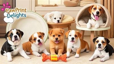 An adorable image featuring a collection of custom pet products, such as engraved pet tags, plush beds, and interactive toys, displayed in a pet-friendly environment with happy pets enjoying their personalized items, reflecting the joy and creativity of PawPrint Delights' custom pet products.