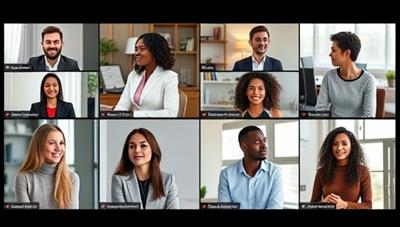 A virtual interview coaching session with a diverse group of professionals engaging in a mock interview scenario via video call, showcasing the platform's interactive and personalized coaching approach.
