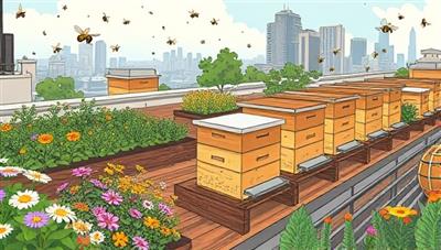 An artistic illustration of a bustling rooftop garden with beehives surrounded by blooming flowers and busy bees, showcasing a harmonious urban ecosystem supporting pollinators and sustainable agriculture.