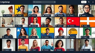 An interactive language exchange platform interface featuring diverse users engaging in virtual language practice sessions, cultural sharing activities, and learning exercises, creating a vibrant and inclusive community of language enthusiasts on LinguaSwap.