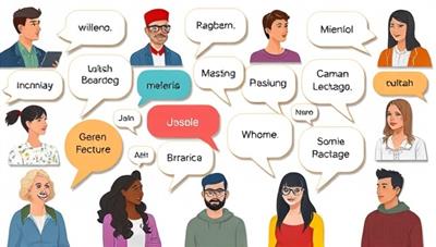 A dynamic virtual language exchange session with participants from different cultural backgrounds engaging in conversations and language practice activities, represented through speech bubbles with various languages, creating a vibrant and inclusive learning atmosphere.