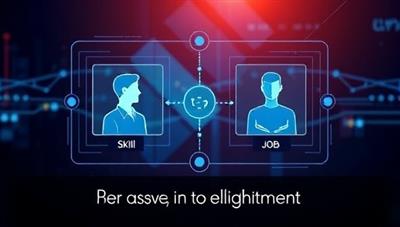 An innovative graphic depicting a digital interface showing skill profiles of candidates and job requirements, with a seamless matching algorithm connecting the most compatible skills, symbolizing precision and efficiency in talent acquisition, with a tagline emphasizing the power of skill alignment in recruitment.
