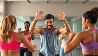 An energetic and inspiring image of a virtual fitness coach guiding a diverse group of individuals through a high-intensity workout session via a video call, showcasing the convenience and motivation of FitFusion's platform.