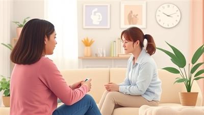 An empathetic virtual therapy session scenario with a therapist engaging with a client in a supportive and confidential online setting, surrounded by calming visuals and mental wellness resources, portraying a safe and nurturing mental health environment.