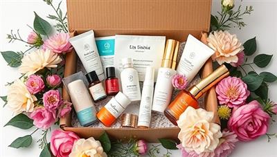 A beautifully designed subscription box overflowing with a variety of beauty, wellness, and self-care products, surrounded by fresh flowers and greenery, evoking feelings of luxury, self-indulgence, and pampering.
