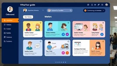 An interactive onboarding dashboard displaying a virtual tour guide leading a new employee through different company departments and training modules, with colorful visuals and engaging animations, creating a welcoming and informative onboarding experience.