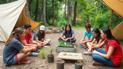 An outdoor camp setting with teenagers engaged in team-building activities, eco-conscious workshops, and sustainability projects, surrounded by natural elements and eco-friendly materials, illustrating the immersive and impactful experience offered by EcoVenture Teens' green entrepreneurship camps for teens.