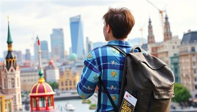 An immersive digital illustration of a student exploring a vibrant international city, carrying a backpack and a study abroad guidebook, with iconic landmarks and cultural symbols in the background, representing the excitement and preparation for overseas studies.