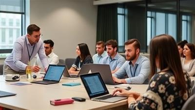 An interactive workshop scene with attendees learning how to use accounting software on laptops, guided by a knowledgeable instructor, featuring a blend of technology and learning in a modern classroom setting.