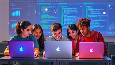An artistic representation of a group of diverse teenagers attending a virtual coding class on laptops, collaborating on a coding project, with digital code snippets and programming icons floating around them, symbolizing teamwork and tech education.