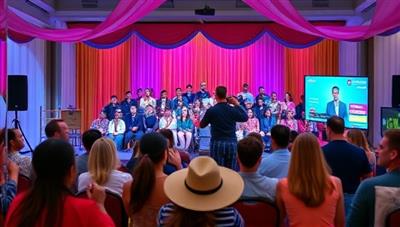 An image of a diverse group of people attending a virtual event on a screen, with colorful decorations and interactive elements, conveying the excitement and engagement of an online gathering.
