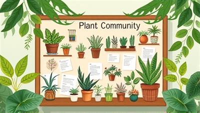 A digital illustration of a vibrant online plant community with diverse plant species, gardening tools, and plant care resources displayed on a virtual bulletin board, surrounded by greenery and botanical elements, fostering a sense of connection and shared passion for plants.