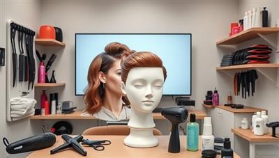 An online classroom setting with a virtual instructor demonstrating a trendy hair styling technique on a mannequin head, surrounded by various hair tools and products, creating a vibrant and educational atmosphere for aspiring hairstylists.