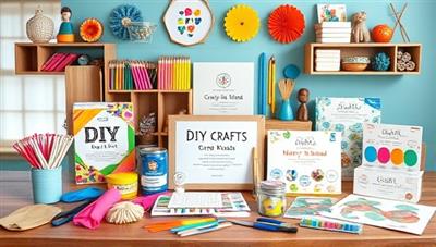 An inviting and colorful display of DIY craft kits with assorted materials, tools, and finished projects, highlighting the hands-on and creative aspect of the Crafty Minds Kits business.