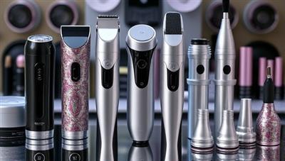 A sleek and stylish lineup of customized tech accessories for beauty devices, featuring chic skins, metallic decals, and futuristic attachments on a backdrop of modern beauty tech gadgets, highlighting the fusion of technology and fashion in the beauty industry.